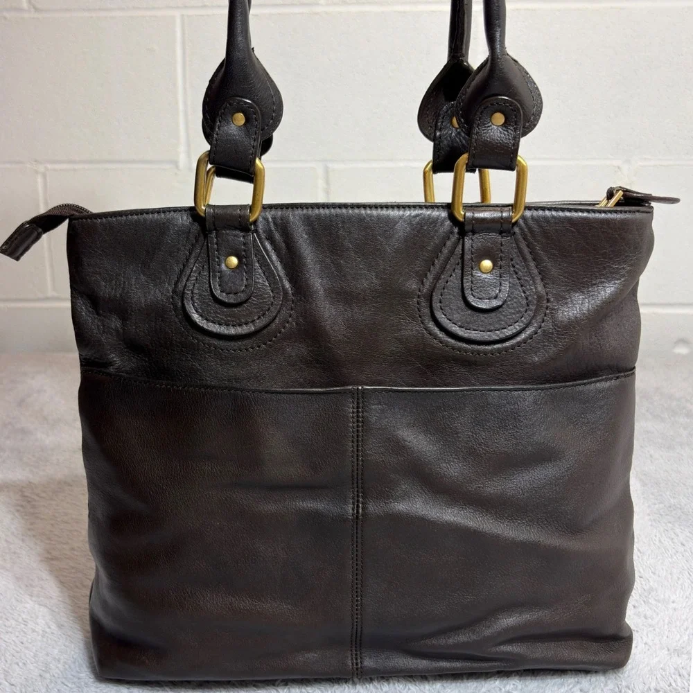 Rolfs Tote Bag Women Large Dark Brown Leather Studded Gold Hardware Shoulder Bag